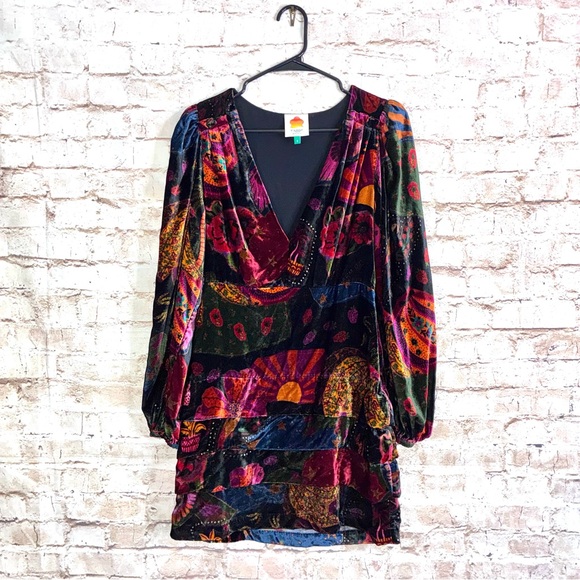 Farm Rio The Crazy Mix V Neck Velveteen Mini Dress Size Small - Picture 4 of 12